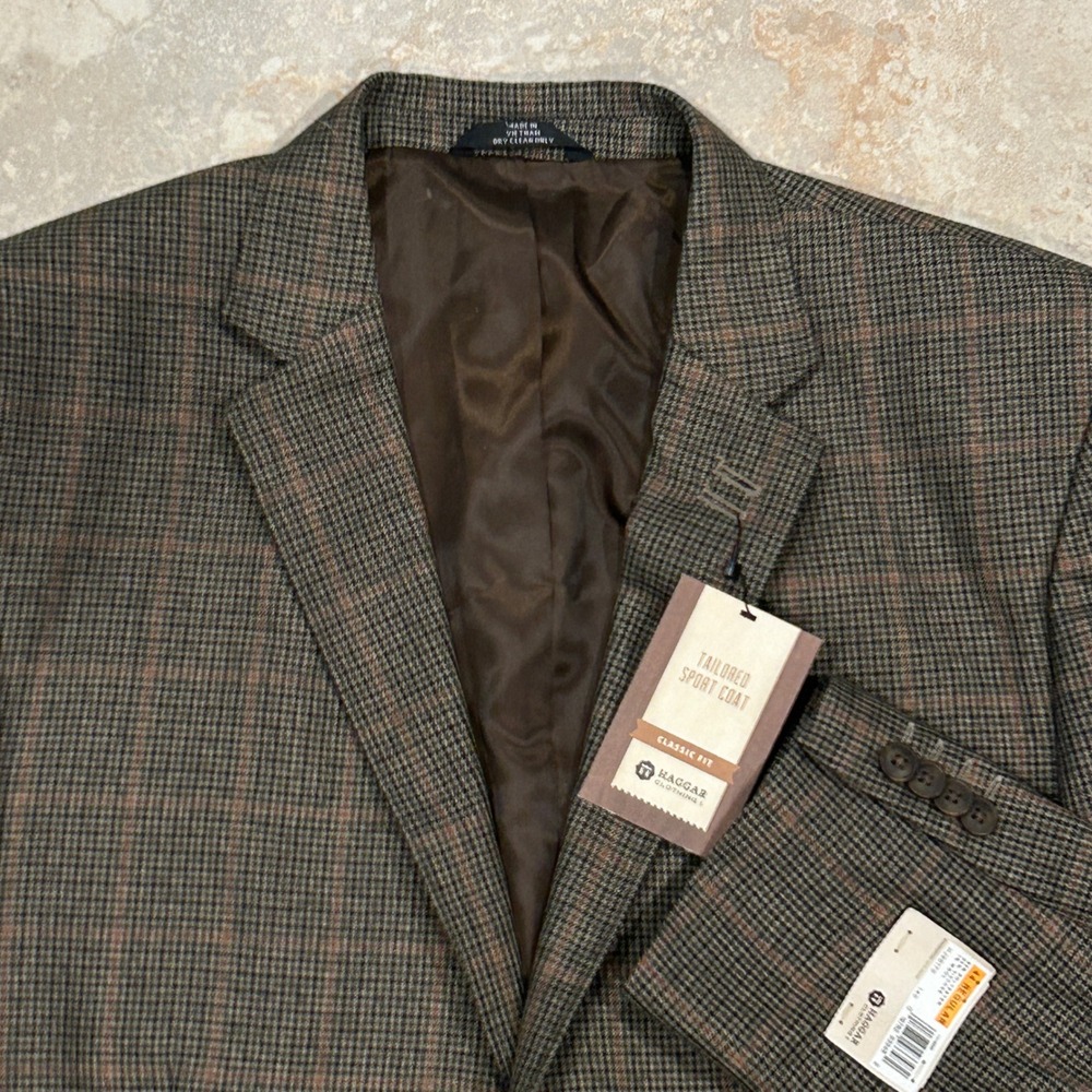 Haggar Houndstooth Windowpane Blazer Men 44R Brown 2 Button Tailored Sports Coat